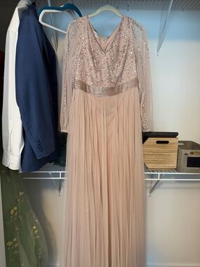 Oleg Cassini Blush Sequin & Pleated Long Sleeve Gown
